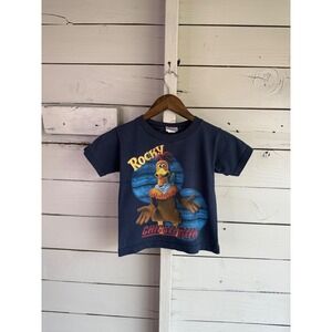 Vintage Chicken Run Rocky Movie Promo T-Shirt Navy Blue Kids Size Small 2000s